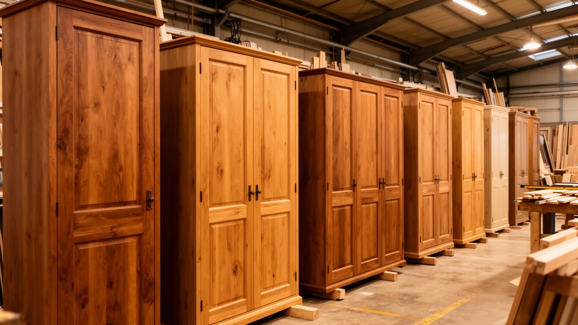 Finished bespoke wardrobes and doors lined up in the assembly area