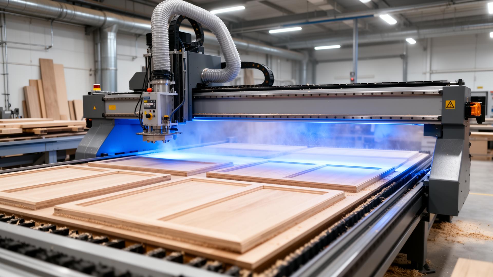 CNC router cutting cabinet panels in the Reeds factory