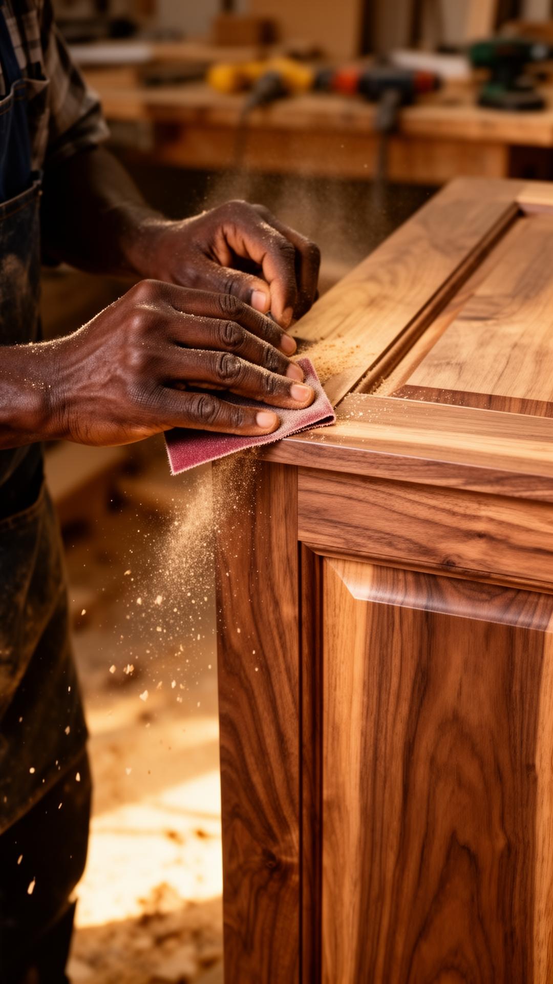 Craftsman hand-sanding a walnut cabinet
